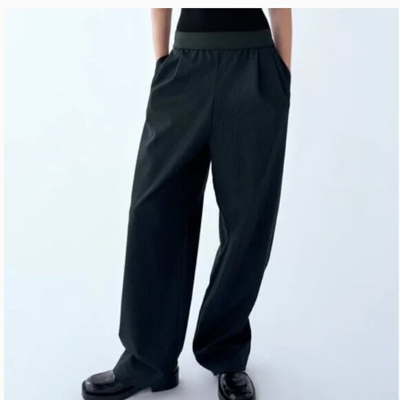 Zara Black Pinstripe High Rise Elastic Waist Wide Leg Palazzo Pants / Trousers M - Picture 1 of 15